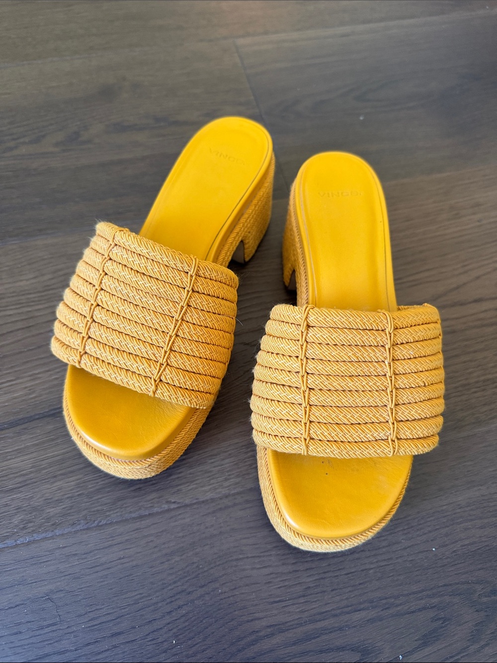 Vince Woven Slide Platform Sandals in Mustard